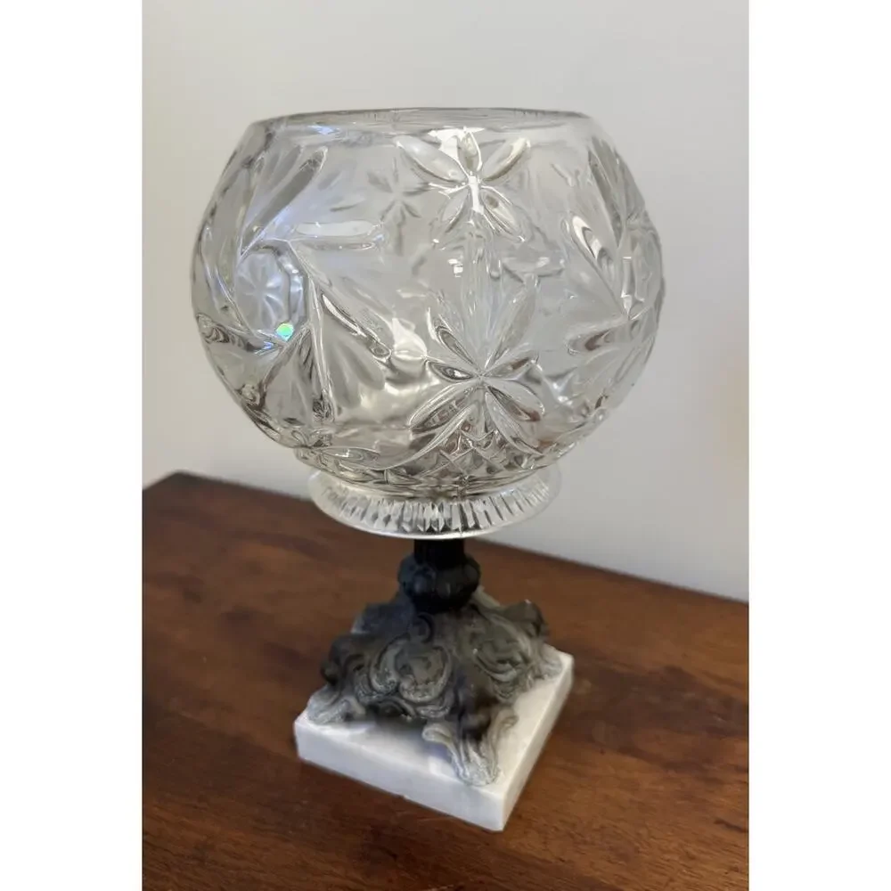 Vintage Hollywood Regency Glass Rose Bowl Compote Marble Pedestal 11